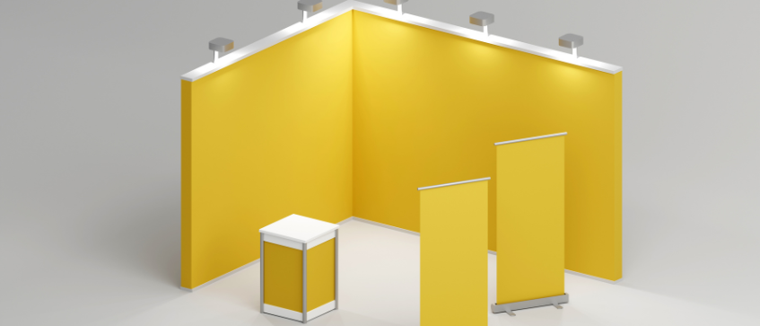 event booth with fabric backdrop, roll up, presentation stand printing