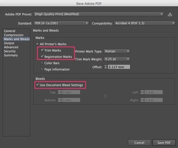 Set trim marks and registration marks and use document bleed settings